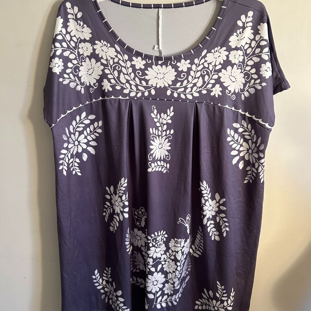Women's XXL Slate Blue and White Floral Mini Dress
